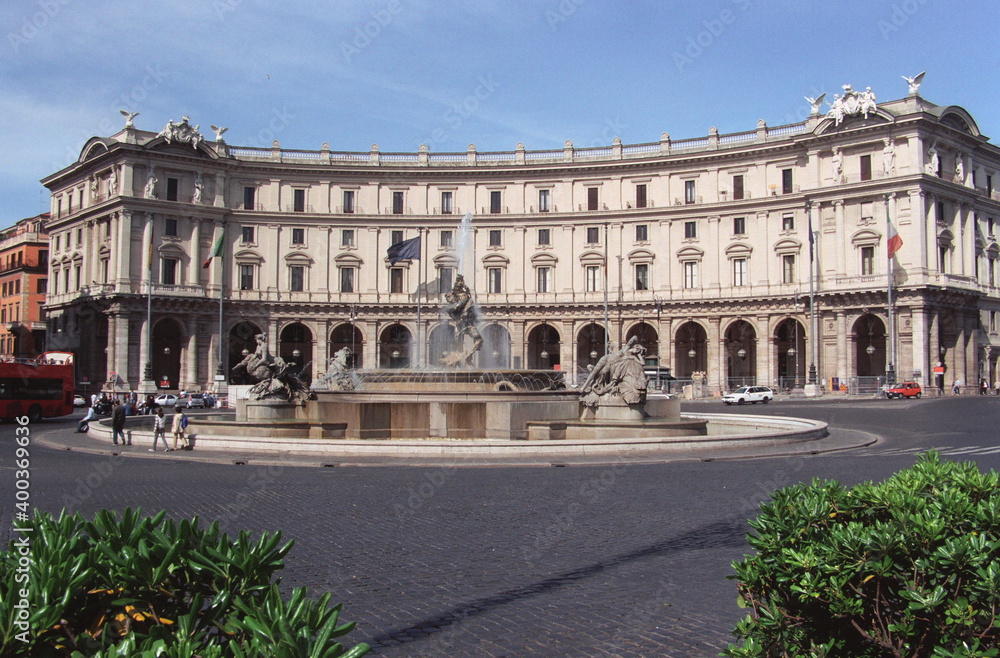 View of the Fountain of the Naiads on Piazza della Repubblica in Rome, Italy. 