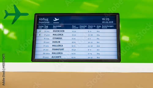 Green airport timetable for departures arrivals in Airport Germany.