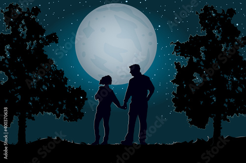 Couple walking together holding hands under the moonlight and starry sky. Valentines Day. Happy Lovers. Romantic silhouette of loving couple in Valentines night. Man and woman in night scene. Vector