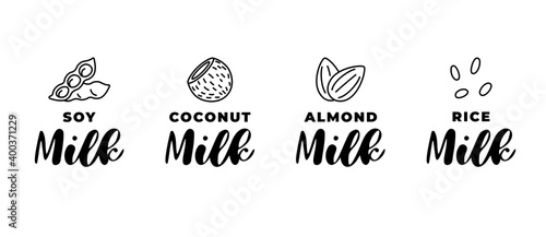Soy, almond, coconut and rice milk logo set. Packaging linear badge design element set. Hand drawn healthy vegan drinks isolated logotype collection vector illustration