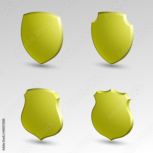Four Protection shield concept. Safety badge icon. Privacy banner. Security label. Defense tag. Presentation sticker shape. Defense sign. illustration
