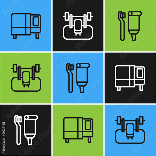 Set line Bed, Toothbrush and toothpaste and Bench with barbel icon. Vector.