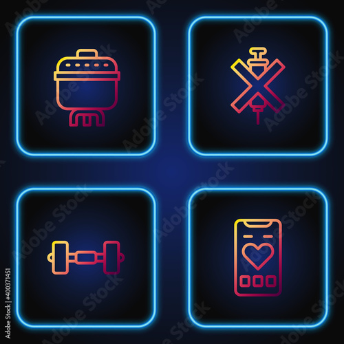Set line Mobile with heart rate, Dumbbell, Cooking pot and No doping syringe. Gradient color icons. Vector.