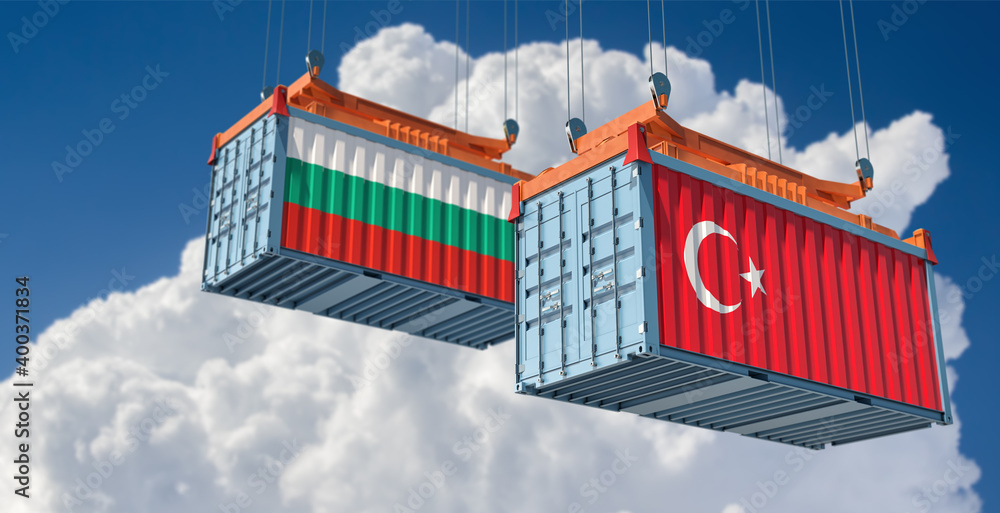 Freight containers with Bulgaria and Turkey national flags. 3D Rendering 
