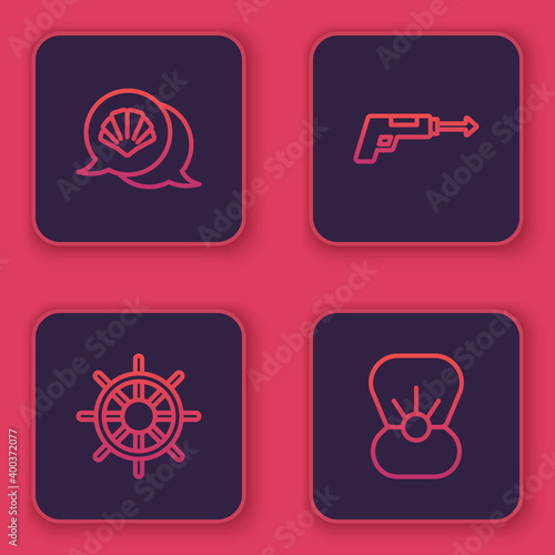 Set line Scallop sea shell, Ship steering wheel, Fishing harpoon and Shell with pearl. Blue square button. Vector.