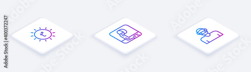 Set Isometric line Sun, Wastewater and Face in protective mask. White square button. Vector.