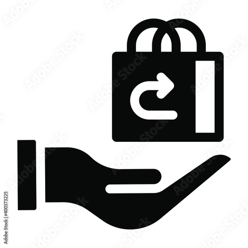 
Parcel return glyph icon, hand and shopping bag
