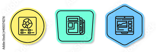 Set line Pie chart infographic, Stock market news and Trading courses. Colored shapes. Vector.