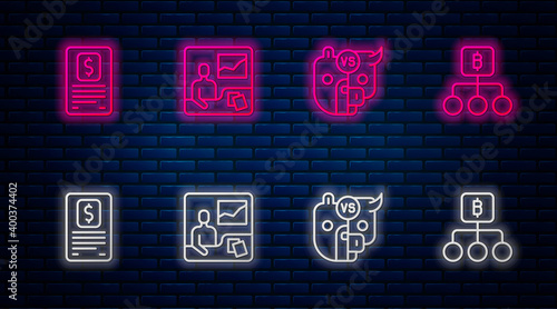 Set line Trading courses, Bull and bear of stock market, Business finance report and Blockchain technology Bitcoin. Glowing neon icon on brick wall. Vector.