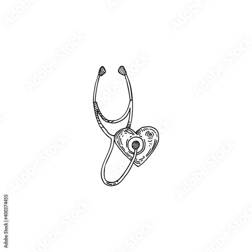 Stethoscope, heart sketch vector illustration
