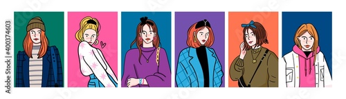 Stylish ladies wearing Trendy modern clothes. Portraits of Pretty young women. Fashion models. Fancy look. Cartoon comic, sketch style. Set of six Vector illustrations. Avatar or print template