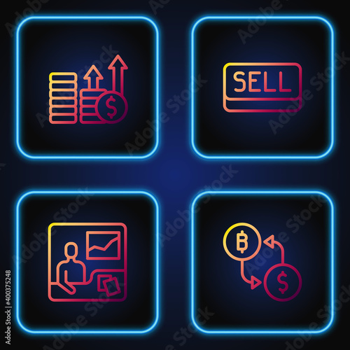 Set line Cryptocurrency exchange, Trading courses, Financial growth and dollar and Sell button. Gradient color icons. Vector.