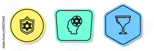 Set line Shield with Star of David, Orthodox jewish hat and Jewish goblet. Colored shapes. Vector.