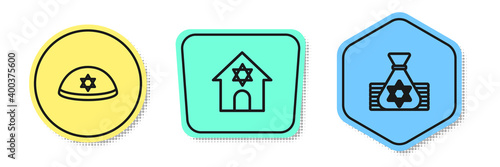 Set line Jewish kippah, synagogue and money bag. Colored shapes. Vector.