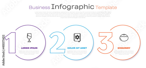 Set line Jewish goblet, torah book and sweet bakery. Business infographic template. Vector.