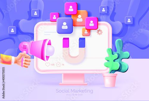 Digital social marketing. Computer with social network interface. Hand holds a megaphone. Search and attraction of target audience, new subscribers. Social network promotion. Vector illustration 3D 