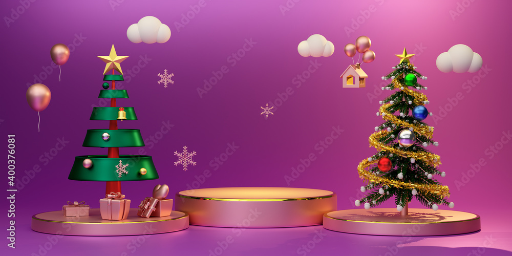 Podium empty with Christmas tree and ornaments in purple or violet composition for modern stage display and minimalist mockup ,Concept Christmas and a festive New Year, 3d illustration or 3d render Podium empty with Christmas tree and ornaments in purple or violet composition for modern stage display and minimalist mockup ,Concept Christmas and a festive New Year, 3d illustration or 3d render