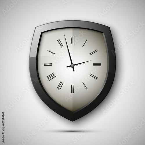Protected guard shield clock icon . Safety badge watch icon. Privacy colorful banner shield. Security clock label. Defense watch tag. Presentation clock sticker shield. Defense safeguard watch sign