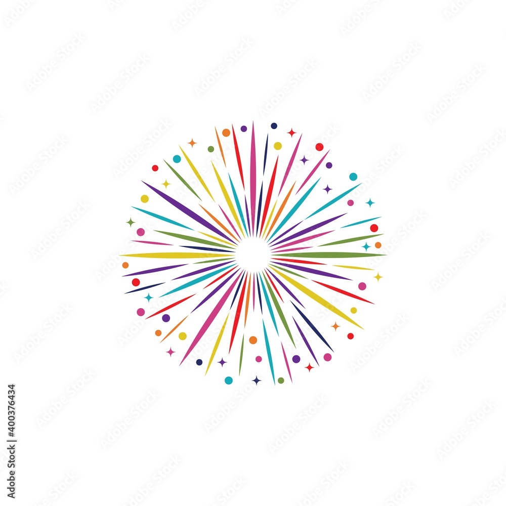 Fototapeta premium Decorative colorful fireworks explosions isolated on white background. New Year's Eve fireworks. Festive sparks and explosions. Vector illustration
