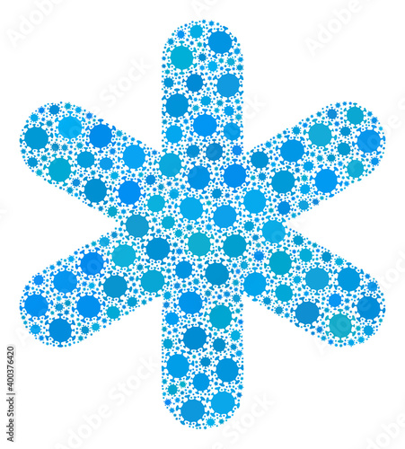 Vector simple snowflake covid mosaic icon designed for pharmacy wallpapers. Simple snowflake mosaic is composed from random covid pathogen items.