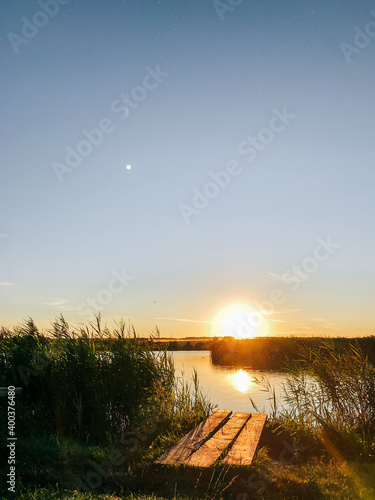 Summer landscape on the shore of a pond in the setting sun
