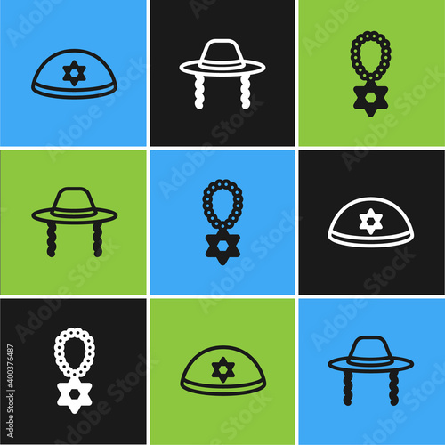 Set line Jewish kippah, Star of David necklace on chain and Orthodox jewish hat icon. Vector.