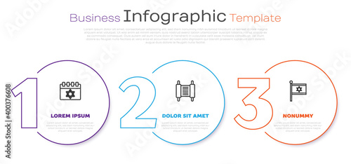 Set line Jewish calendar, Torah scroll and Flag of Israel. Business infographic template. Vector.