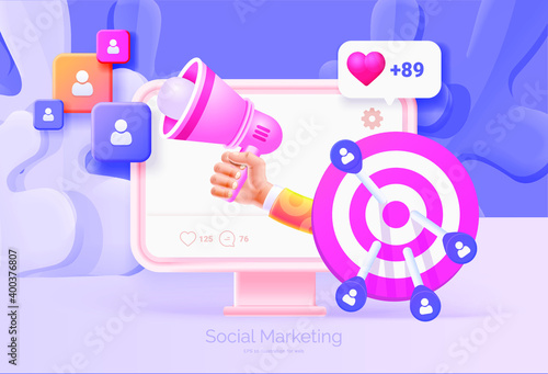 Digital social marketing. Computer with social network interface. Hand holds a megaphone. Search and attraction of target audience, new subscribers. Social network promotion. Vector illustration 3D
