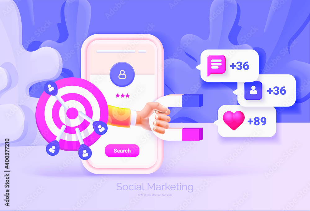 Digital social marketing. Mobile phone with social network interface. Hand holds a magnet. Search and attraction of target audience, new subscribers. Social network promotion. Vector illustration 3D Digital social marketing. Mobile phone with social network interface. Hand holds a magnet. Search and attraction of target audience, new subscribers. Social network promotion. Vector illustration 3D