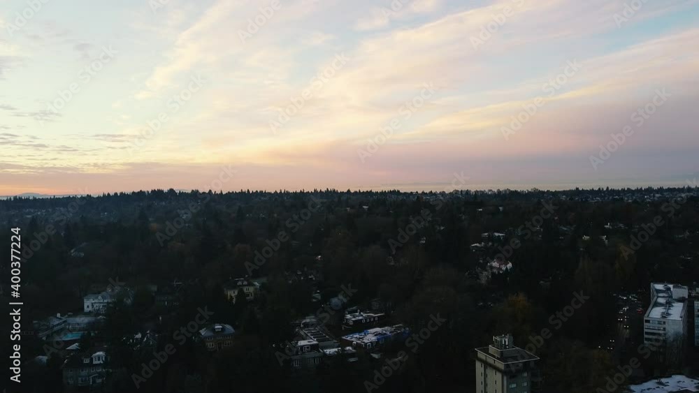 Aerial view of neighbourhood with green trees and pink blue sky in the evening Aerial view of neighbourhood with green trees and pink blue sky in the evening