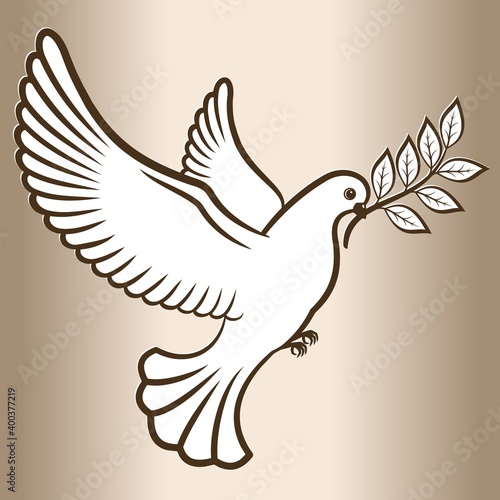 White dove flying with an olive branch. Bird symbol of peace. Vector illustration.