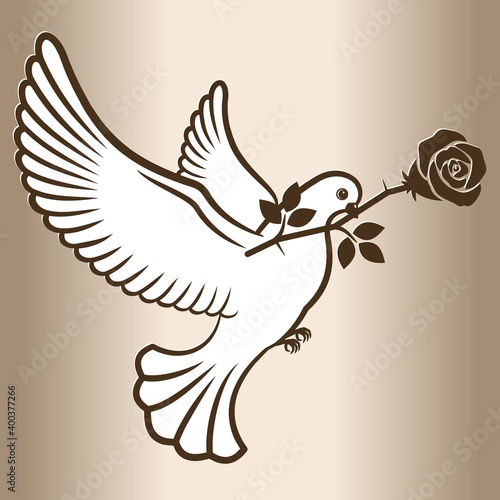 White dove flying with a rose flower. Post pigeon. Vector illustration.
