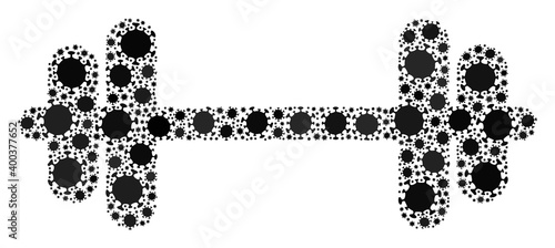 Vector barbell covid mosaic icon organized for health care advertisement. Barbell mosaic is organized of random coronavirus infection elements.