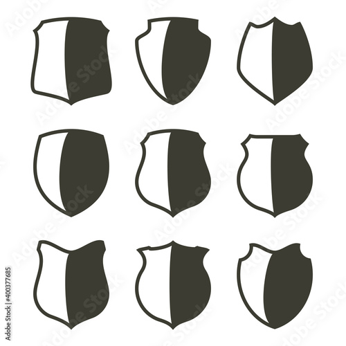 Protect guard shield plain line concept. Outline shield badge. Safety icon set. Privacy banner kit. Security label. Flat style protect sticker symbol shape. Safeguard simple sign. linear pictogram