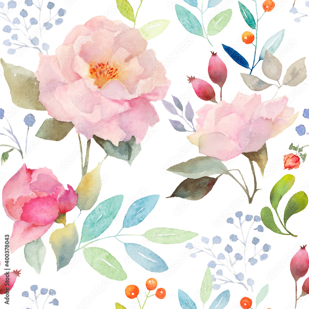 Watercolor hand painted Floral seamless pattern, hi-res raster illustration, clipping path included for fast background isolation.