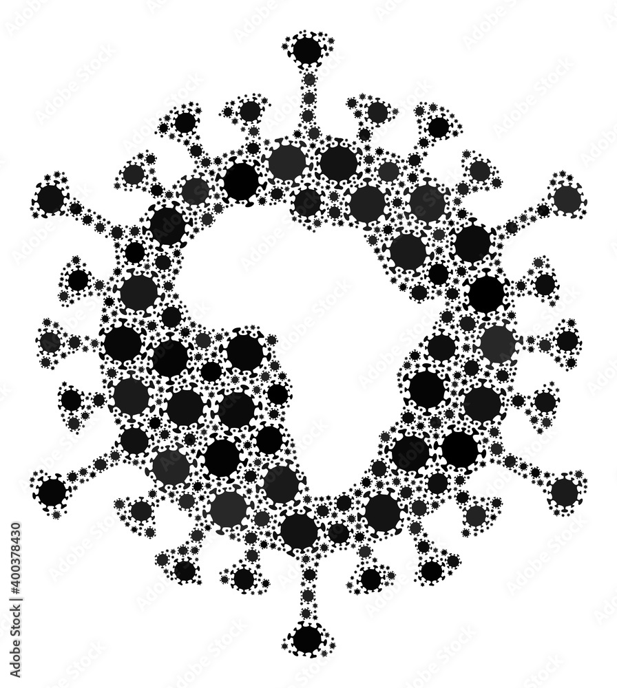 Vector African virus covid mosaic icon created for pandemic wallpapers. African virus mosaic is created from scattered coronavirus pathogen elements. Vector African virus covid mosaic icon created for pandemic wallpapers. African virus mosaic is created from scattered coronavirus pathogen elements.