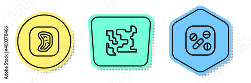 Set line Bacteria, Gaseous and Medicine pill or tablet. Colored shapes. Vector.