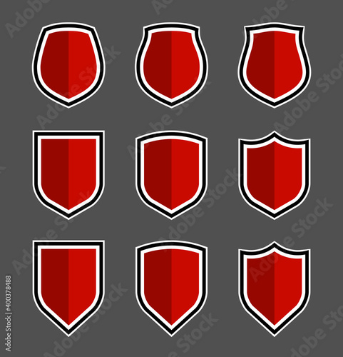 Protect guard shield plain line concept. Outline shield badge. Safety icon set. Privacy banner kit. Security label. Flat style protect sticker symbol shape. Safeguard simple sign linear pictogram