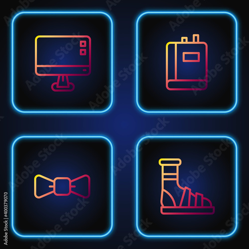 Set line Slippers with socks, Bow tie, Computer monitor screen and Book. Gradient color icons. Vector.