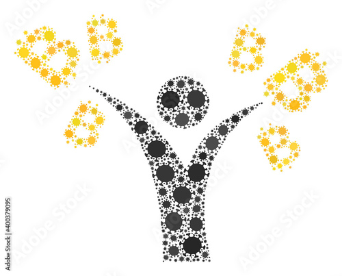 Vector bitcoin man covid-2019 collage icon done for health care posters. Bitcoin man mosaic is formed from randomized covid infection parts.