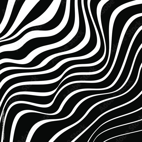 Abstract wavy zebra pattern with white lines. Optical art. Digital image with psychedelic stripes. Vector illustration. Ideal for prints, abstract background, posters, tattoo and web design © Karloni