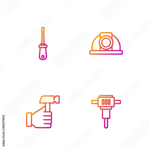 Set line Construction jackhammer, Hammer, Screwdriver and Worker safety helmet. Gradient color icons. Vector.