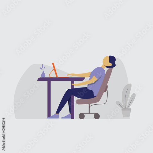 Vector illustration. Professional burnout syndrome, tired man worker sitting at the table. modern flat people character.