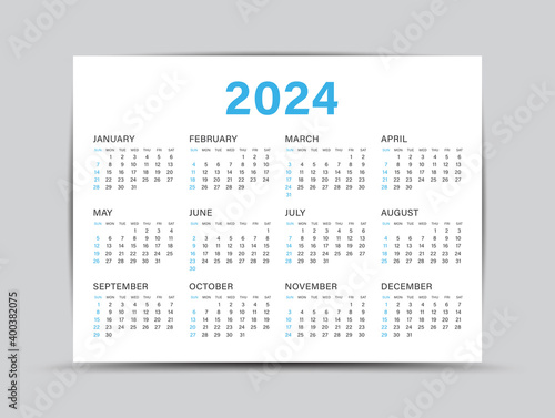 Calendar 2024 template - 12 months yearly calendar set in 2024, Planner, wall calendar, vector illustration