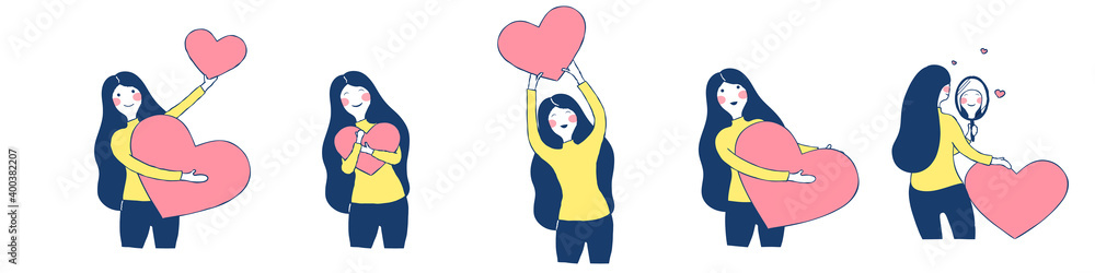 Bundle of blue hair girl in different poses with pink heart. Hand drawn doodle flat vector illustration design set. Young woman cartoon character smiling collection. Relaxing color concept Bundle of blue hair girl in different poses with pink heart. Hand drawn doodle flat vector illustration design set. Young woman cartoon character smiling collection. Relaxing color concept