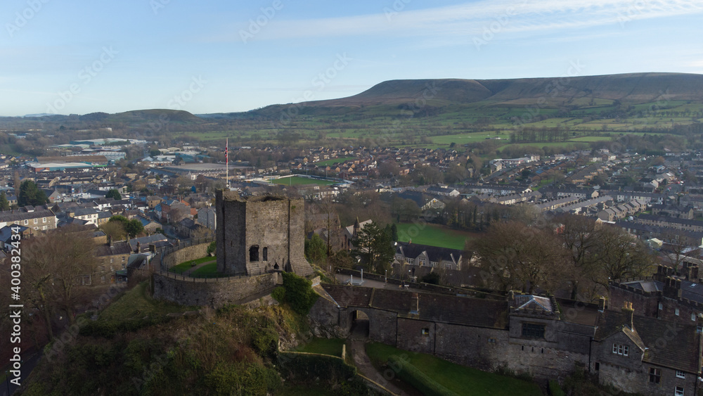 Aerial view of Clitheroe castle with pendle hill in the background. Clitheroe park in the ribble valley