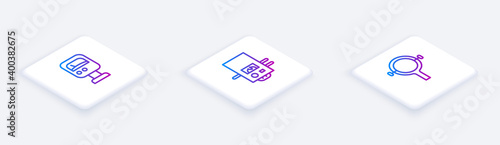 Set Isometric line Pressure water meter, Gas boiler and Filter wrench. White square button. Vector.