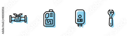 Set line Electric boiler, Industry metallic pipe, Drain cleaner bottle and Wrench spanner icon. Vector.