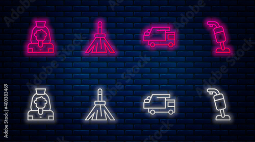 Set line Handle broom, Garbage truck, Cleaning lady service and Vacuum cleaner. Glowing neon icon on brick wall. Vector.