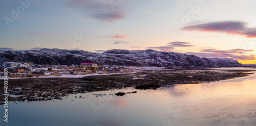 Panorama view of the sea low tide. Authentic northern village of Teriberka. Kola Peninsula